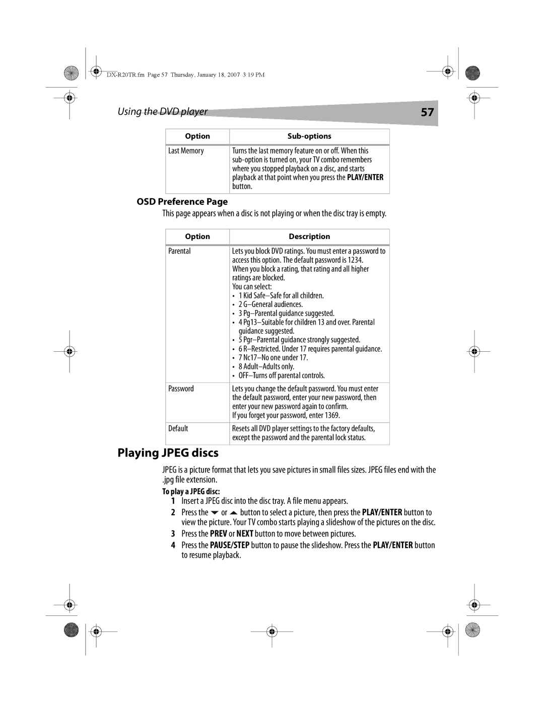 Dynex DX-R20TR manual Playing Jpeg discs, OSD Preference, Insert a Jpeg disc into the disc tray. a file menu appears 