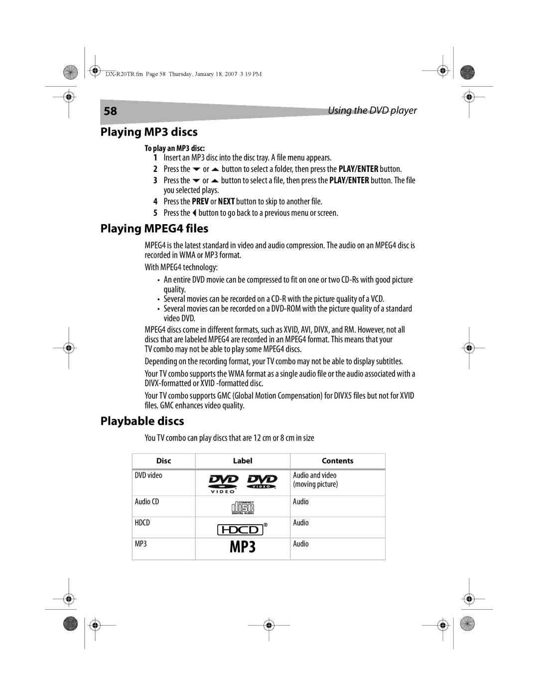 Dynex DX-R20TR manual Playing MP3 discs, Playing MPEG4 files, Playbable discs, To play an MP3 disc 