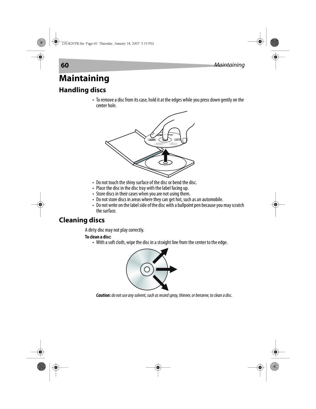 Dynex DX-R20TR manual Maintaining, Handling discs, Cleaning discs, Dirty disc may not play correctly, To clean a disc 