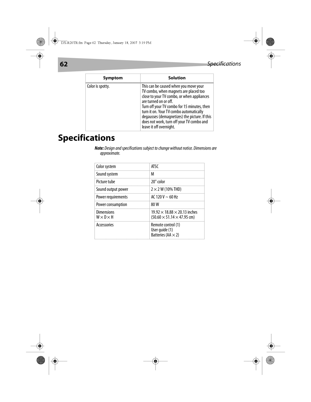 Dynex DX-R20TR manual Specifications 