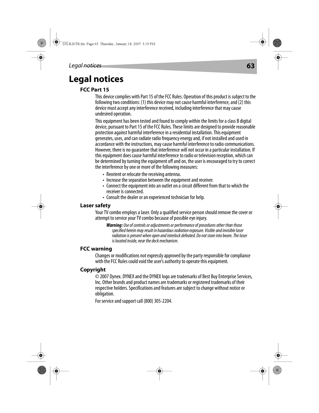 Dynex DX-R20TR manual Legal notices, FCC Part, Laser safety, FCC warning, Copyright 