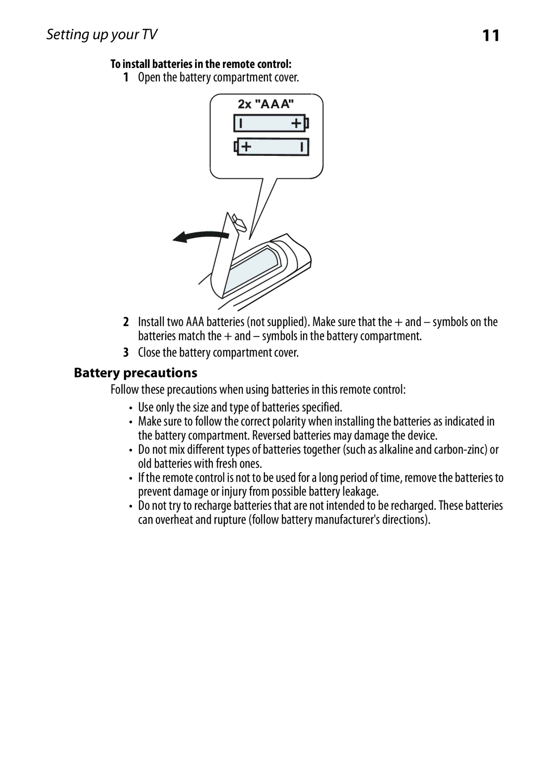 Dynex DX-RCRT20-09 manual Battery precautions, To install batteries in the remote control 