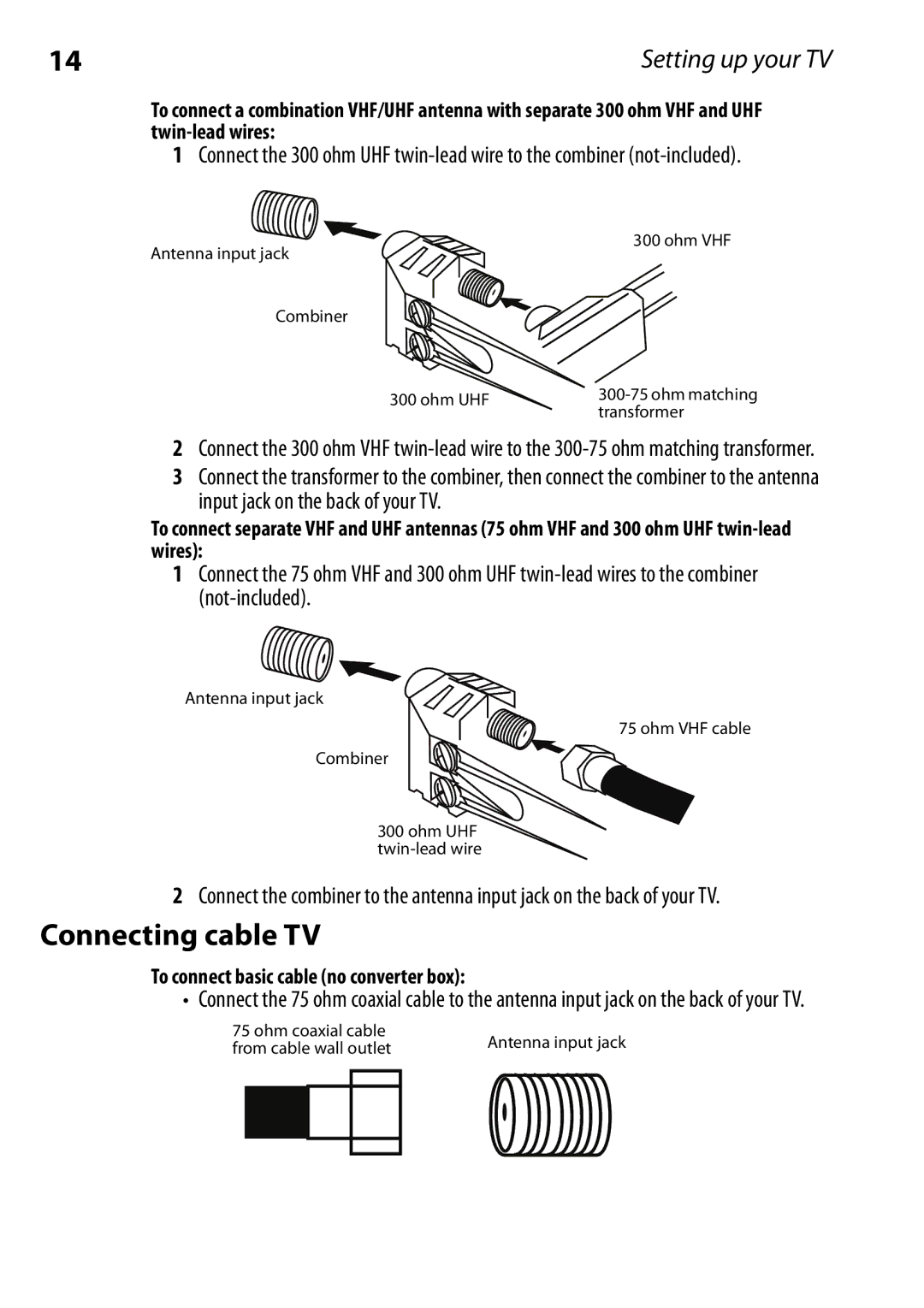 Dynex DX-RCRT20-09 manual Connecting cable TV, To connect basic cable no converter box 