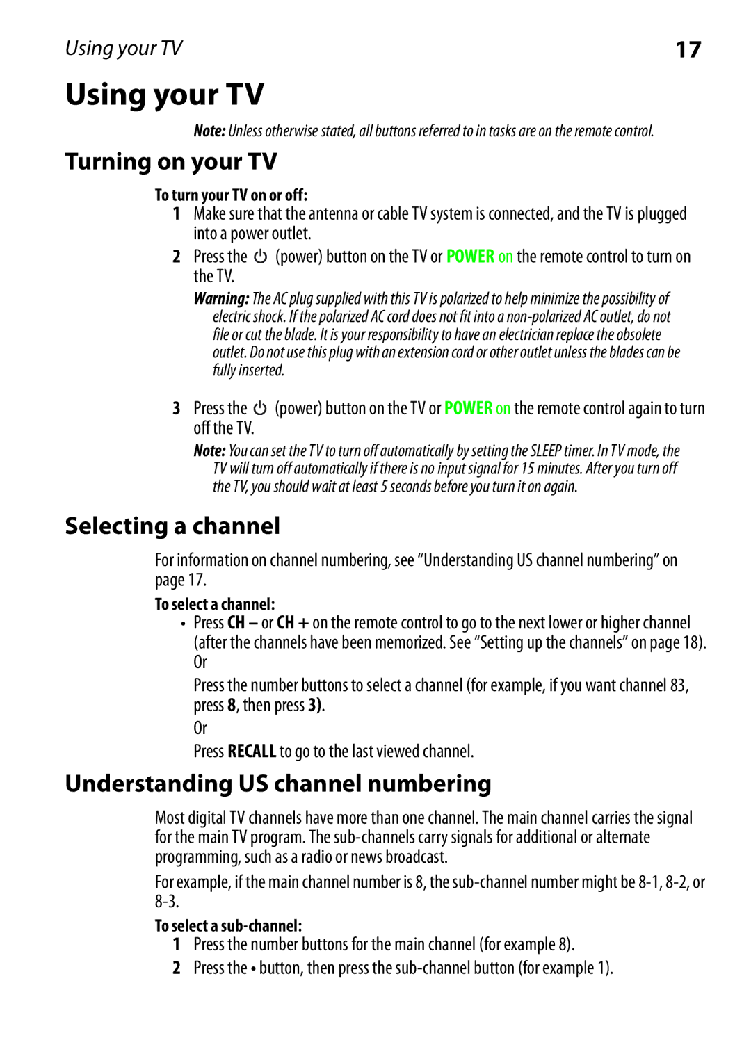 Dynex DX-RCRT20-09 manual Using your TV, Turning on your TV, Selecting a channel, Understanding US channel numbering 