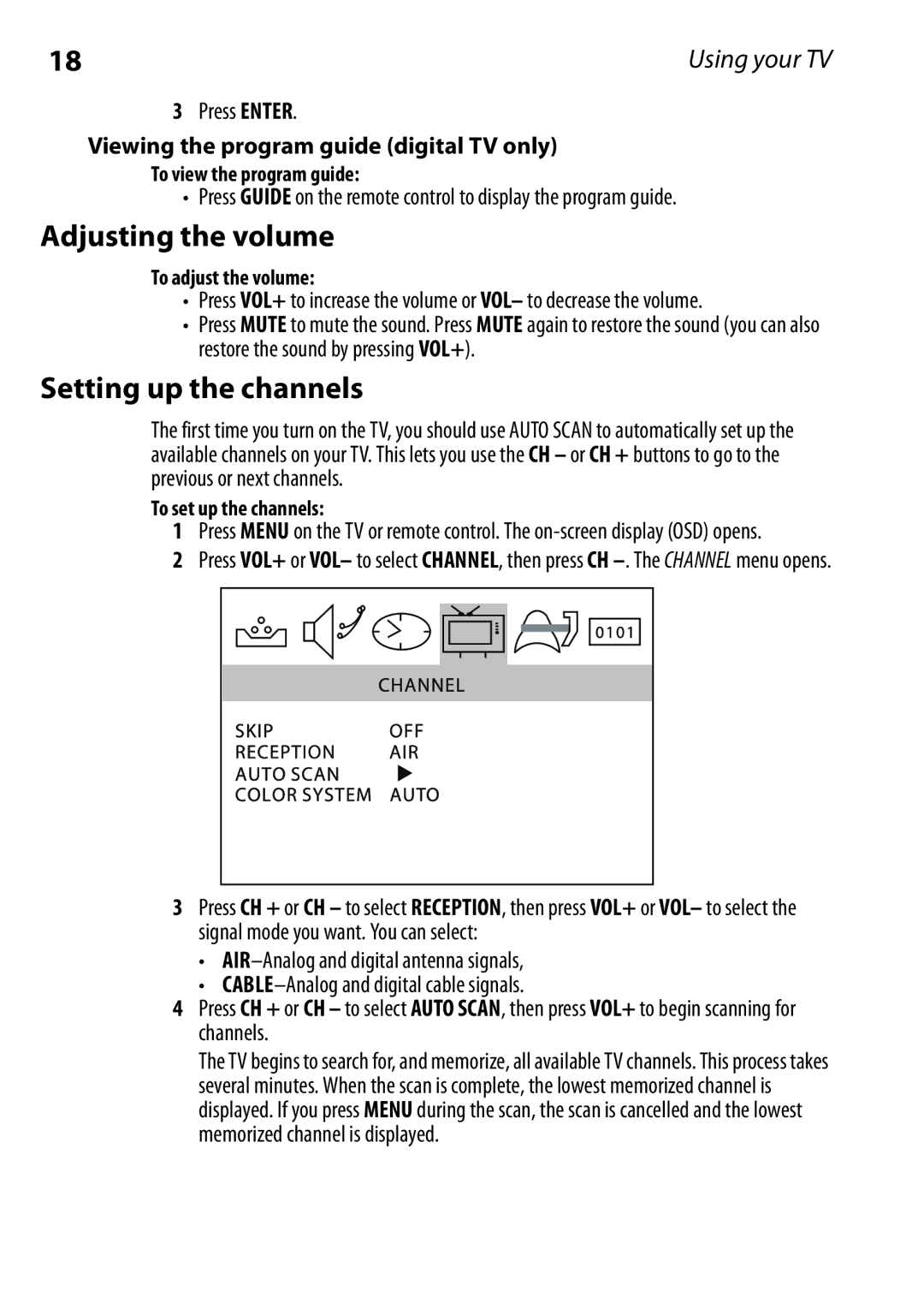 Dynex DX-RCRT20-09 manual Adjusting the volume, Setting up the channels, Viewing the program guide digital TV only 