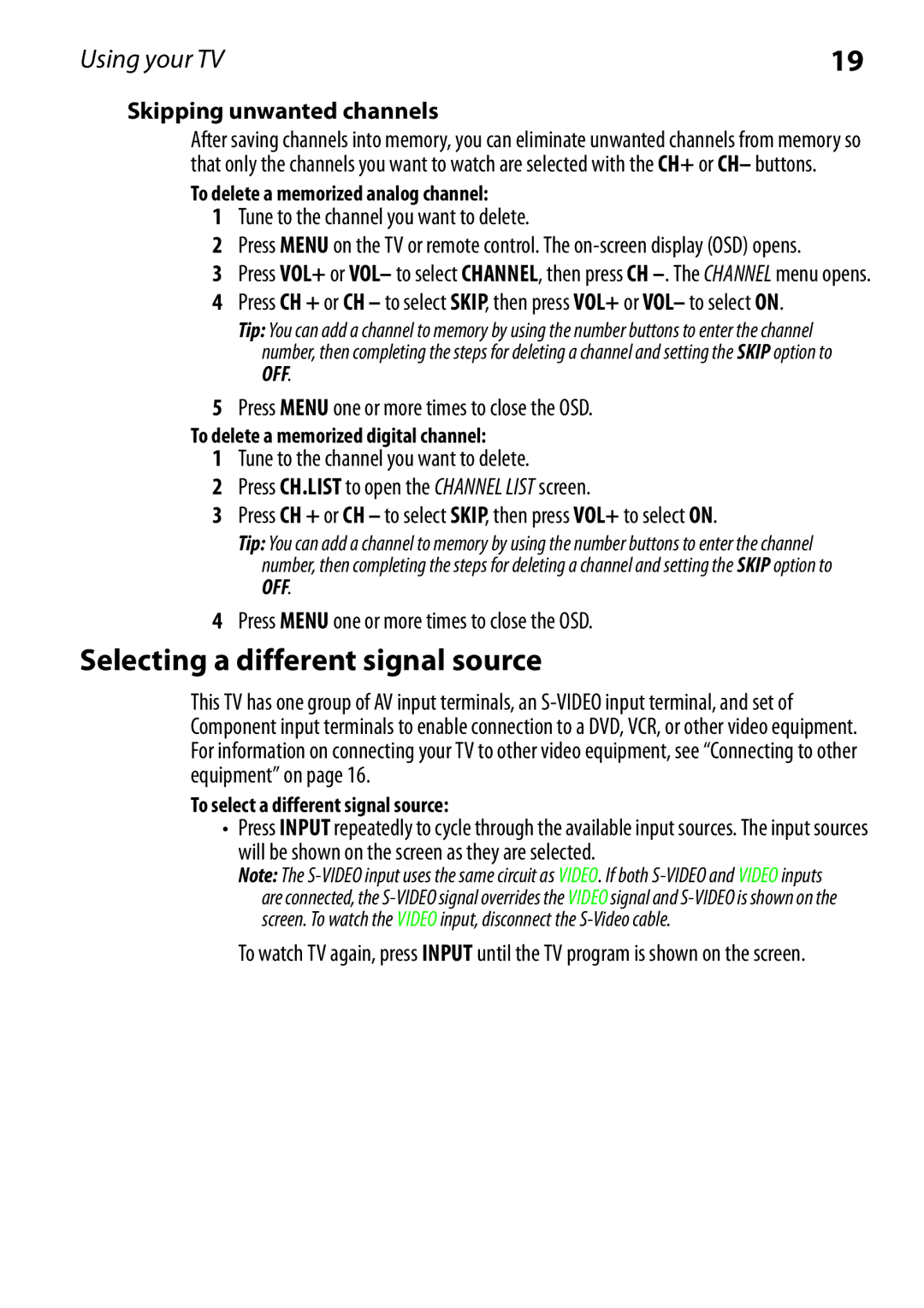 Dynex DX-RCRT20-09 Selecting a different signal source, Skipping unwanted channels, To delete a memorized analog channel 