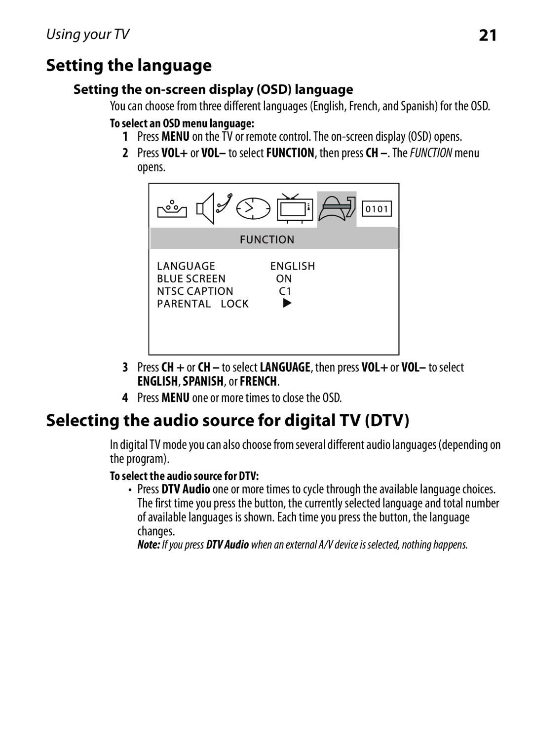 Dynex DX-RCRT20-09 Setting the language, Selecting the audio source for digital TV DTV, To select an OSD menu language 