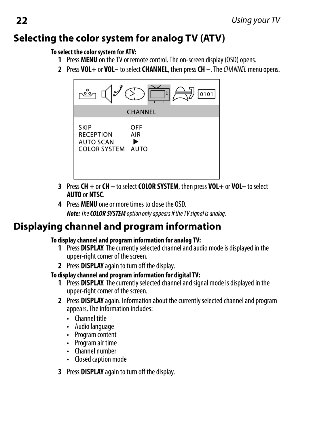 Dynex DX-RCRT20-09 manual Selecting the color system for analog TV ATV, Displaying channel and program information 