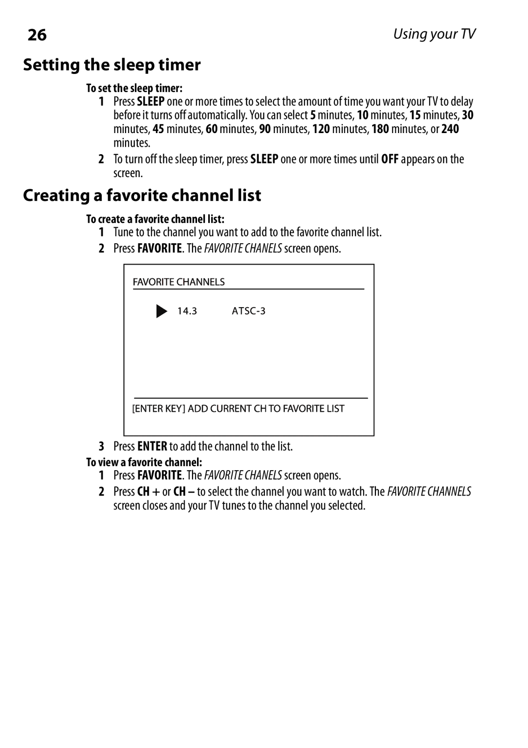 Dynex DX-RCRT20-09 manual Setting the sleep timer, Creating a favorite channel list, To set the sleep timer 