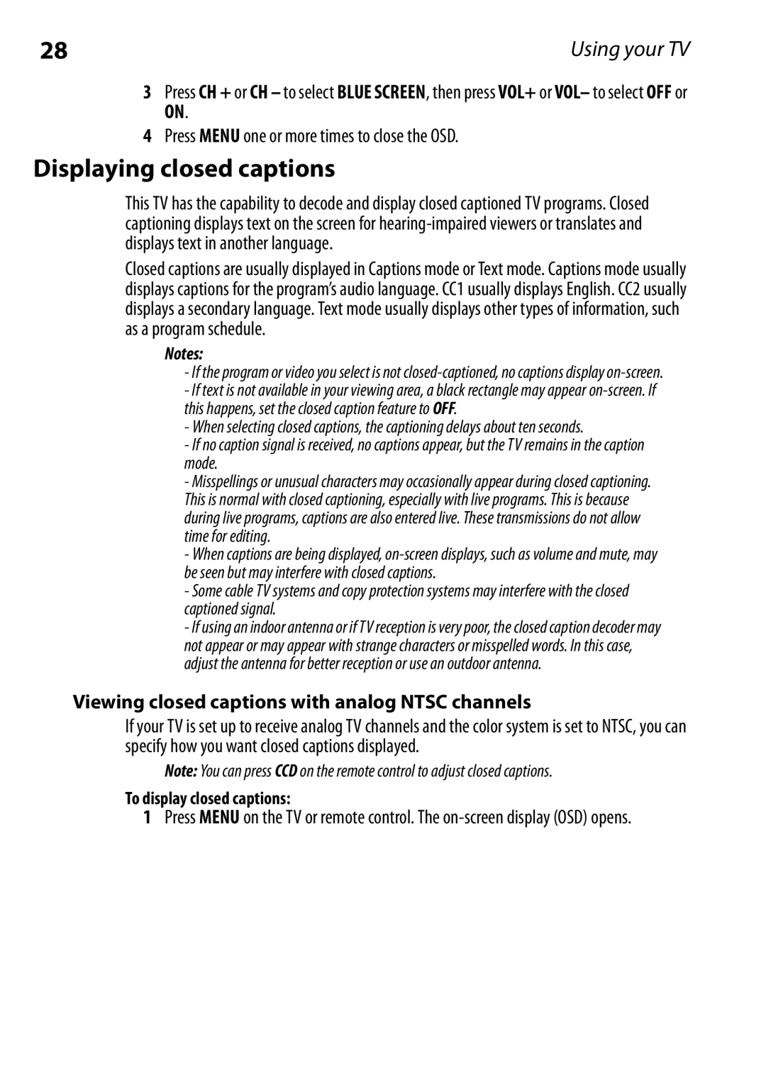 Dynex DX-RCRT20-09 manual Displaying closed captions, Viewing closed captions with analog Ntsc channels 