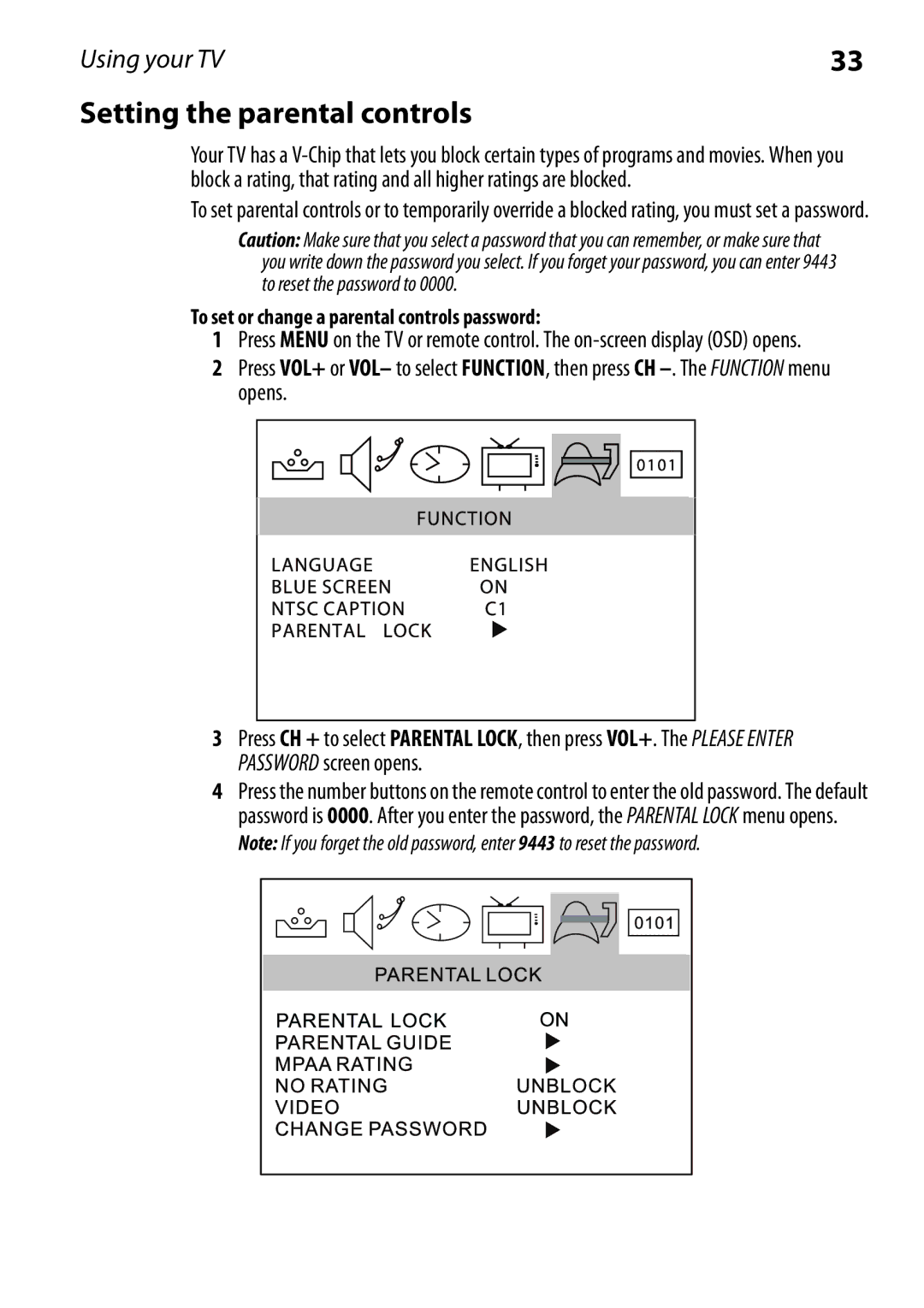 Dynex DX-RCRT20-09 manual Setting the parental controls, To set or change a parental controls password 