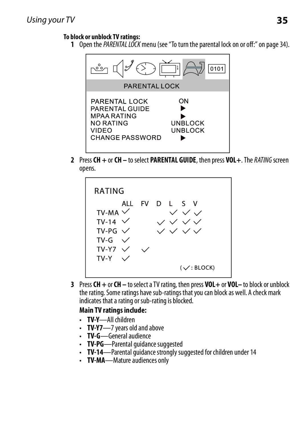 Dynex DX-RCRT20-09 manual Main TV ratings include, To block or unblock TV ratings 