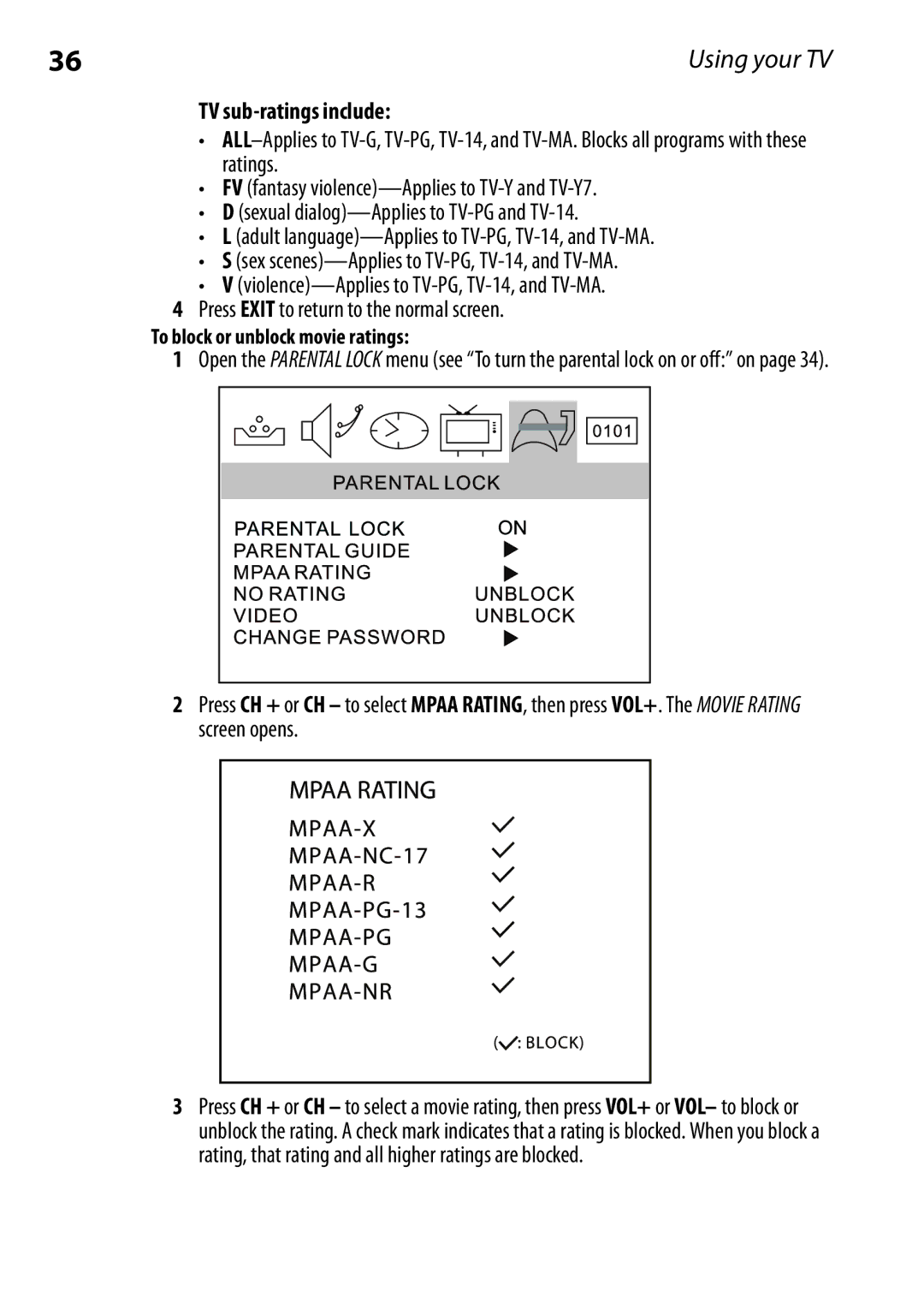 Dynex DX-RCRT20-09 manual TV sub-ratings include, To block or unblock movie ratings 