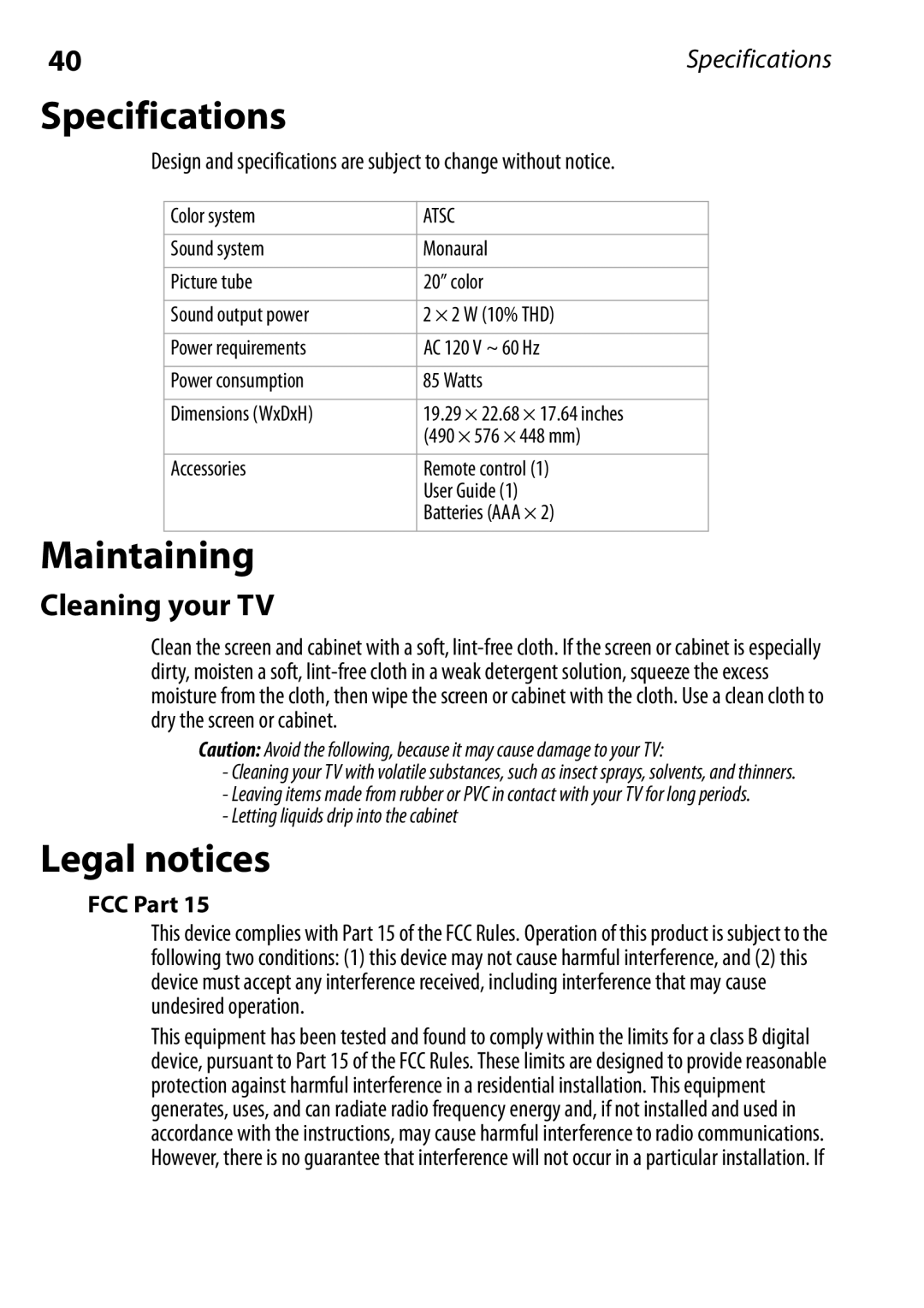 Dynex DX-RCRT20-09 manual Specifications, Maintaining, Legal notices, Cleaning your TV, FCC Part 