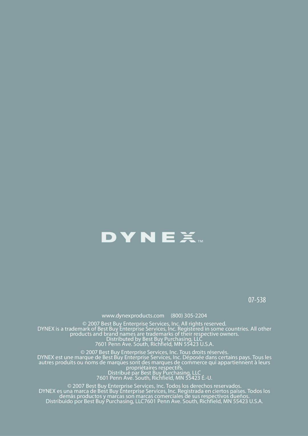 Dynex DX-RCRT20-09 manual 07-538 