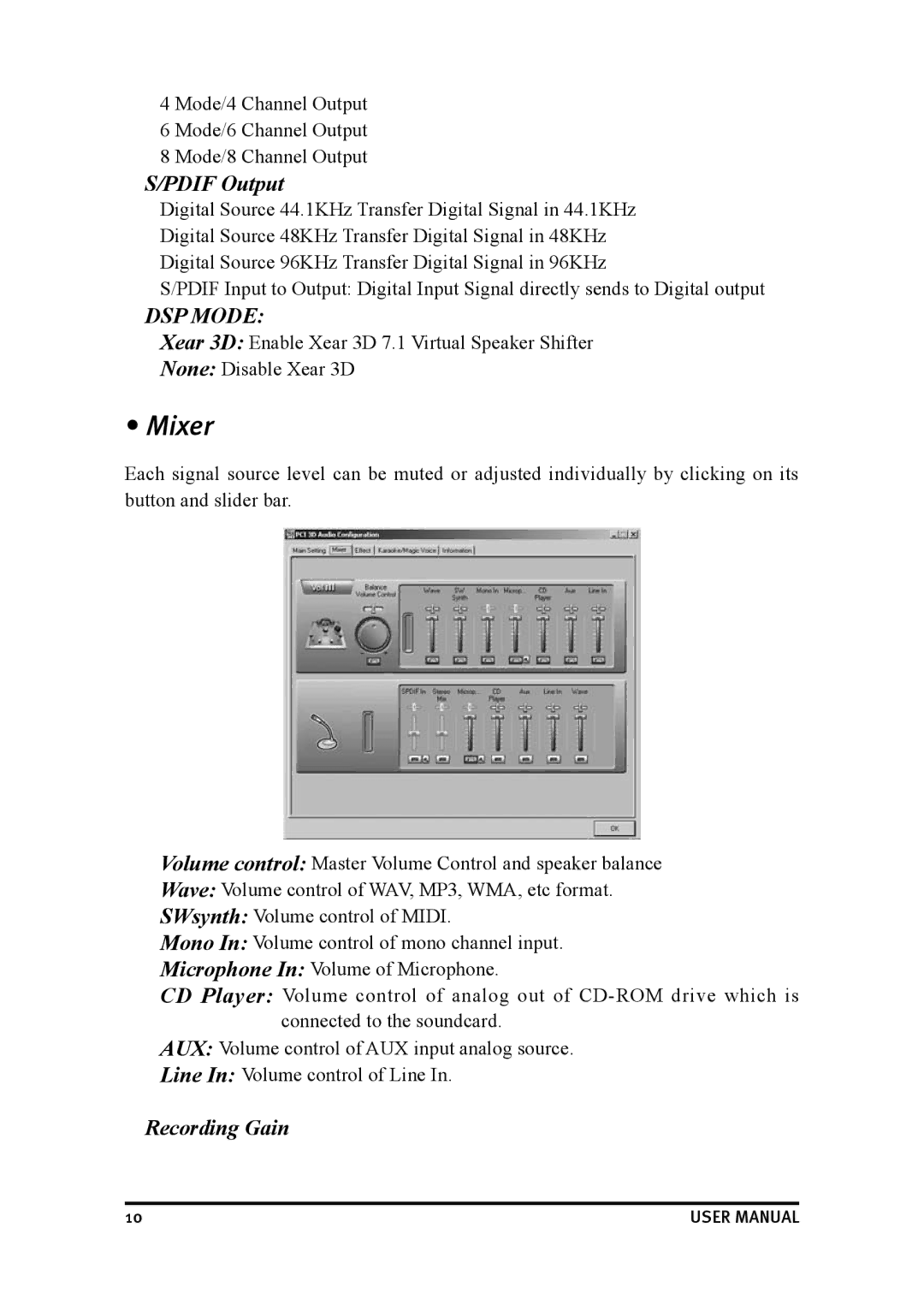 Dynex DX-SC71 user manual Mixer, Pdif Output, Recording Gain 