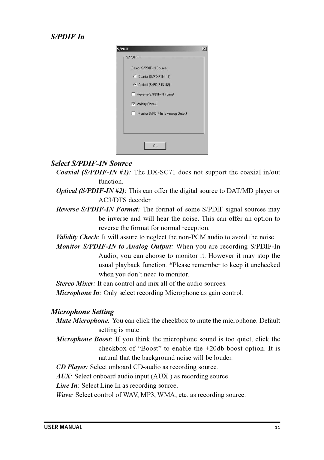 Dynex DX-SC71 user manual Pdif Select S/PDIF-IN Source, Microphone Setting 