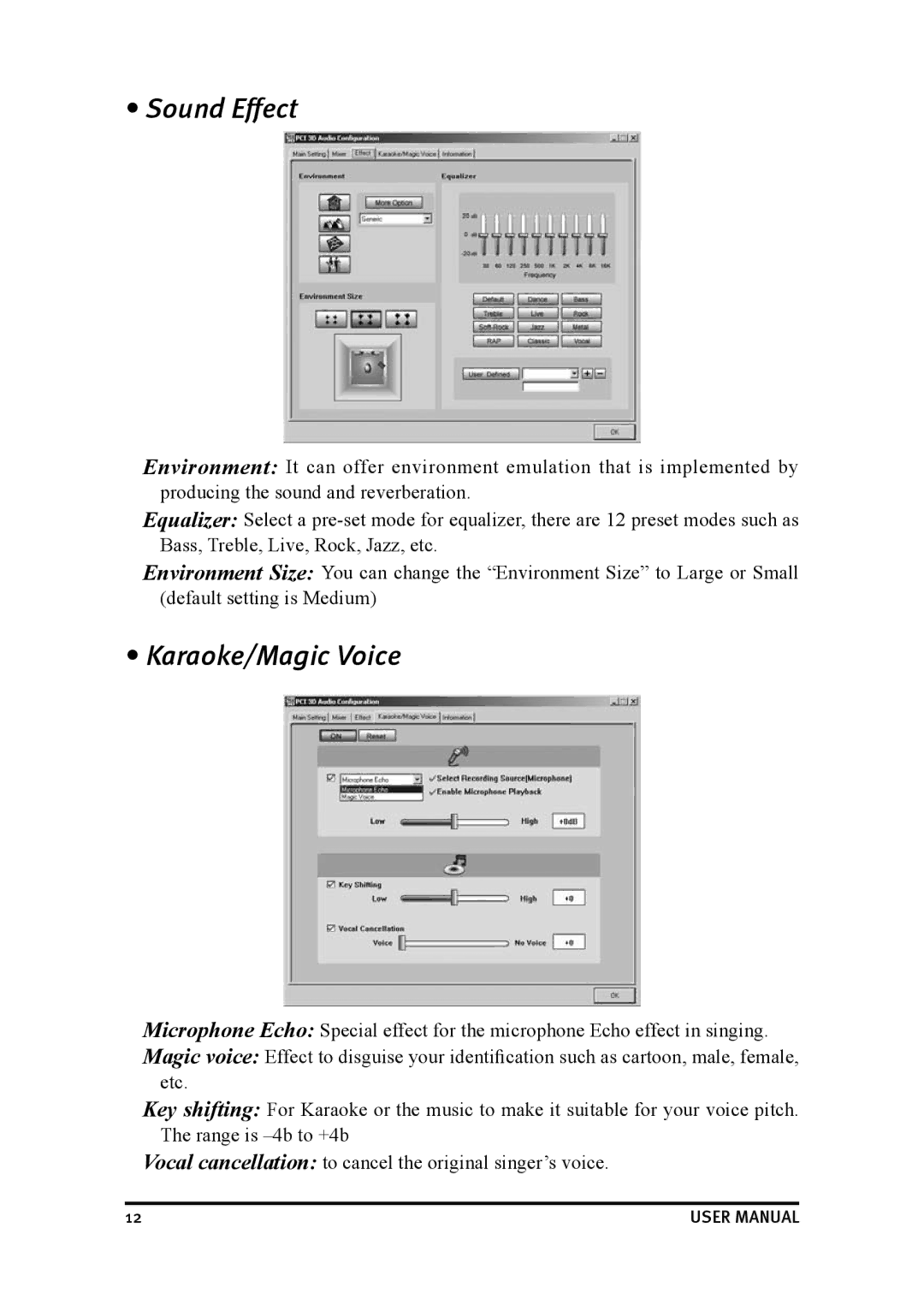 Dynex DX-SC71 user manual Sound Effect, Karaoke/Magic Voice 