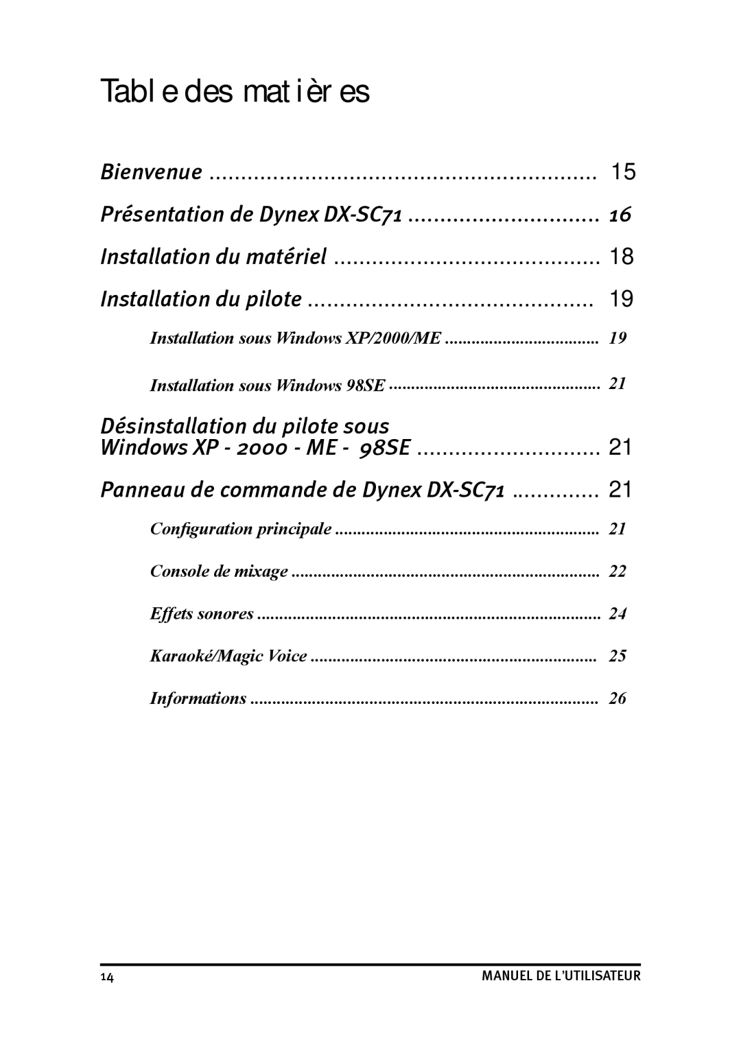 Dynex DX-SC71 user manual Table DES Matières, Désinstallation du pilote sous 