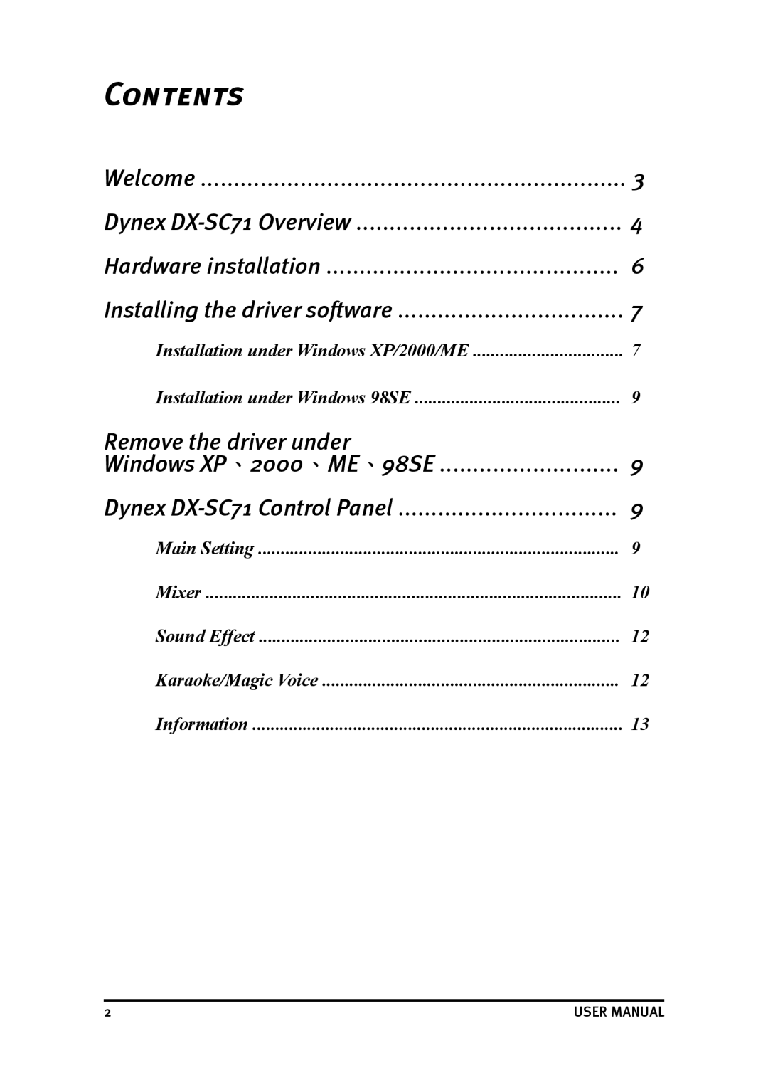 Dynex DX-SC71 user manual Contents 