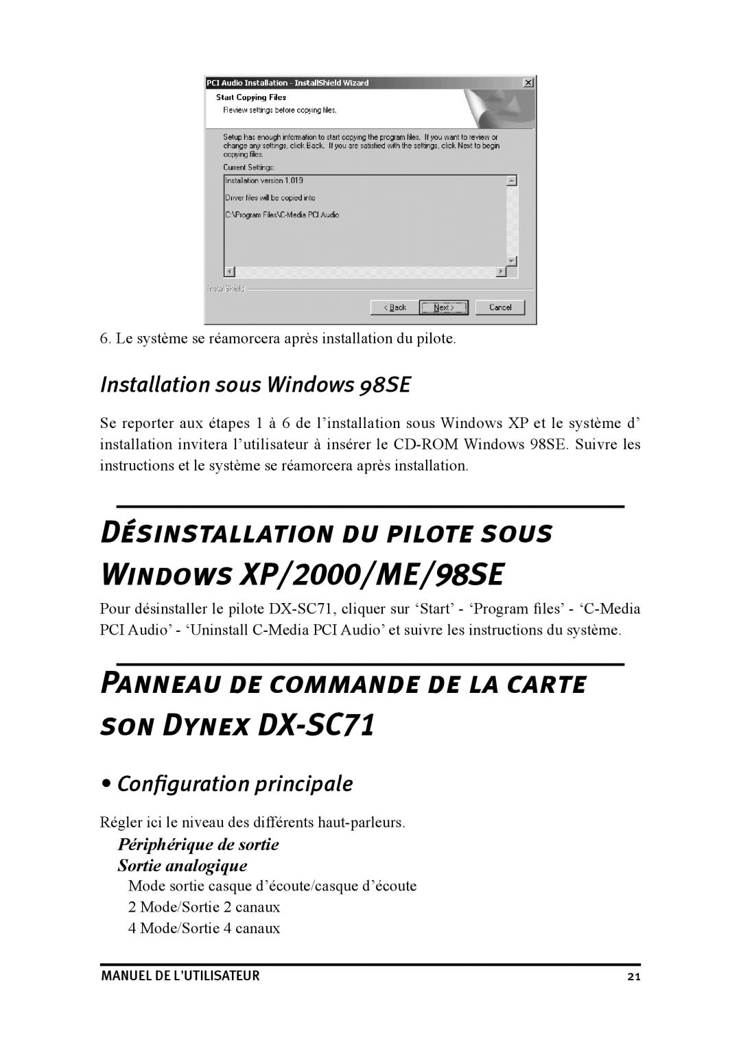 Dynex user manual SON Dynex DX-SC71, Installation sous Windows 98SE, Configuration principale 