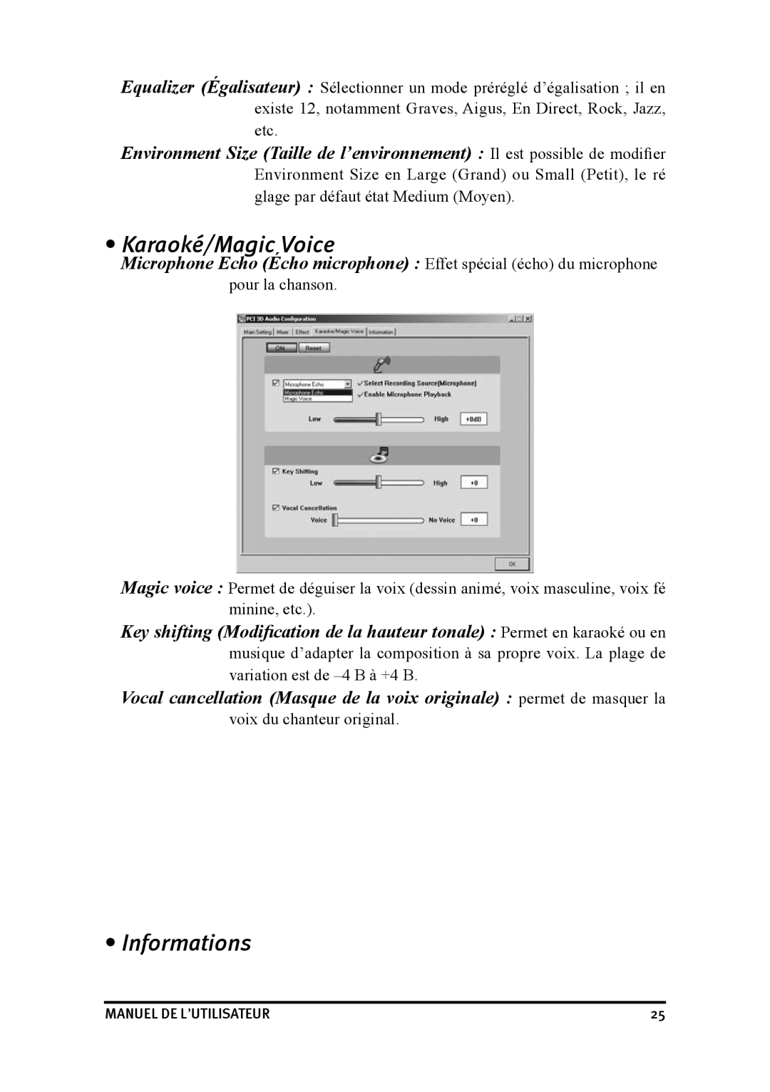 Dynex DX-SC71 user manual Karaoké/Magic Voice, Informations 