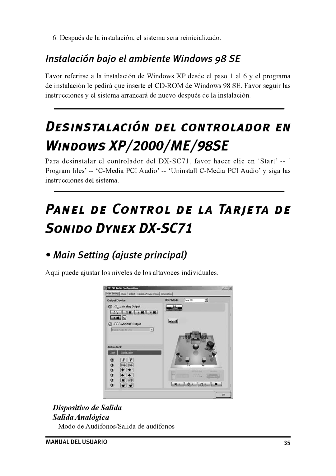 Dynex DX-SC71 user manual Instalación bajo el ambiente Windows 98 SE, Main Setting ajuste principal 