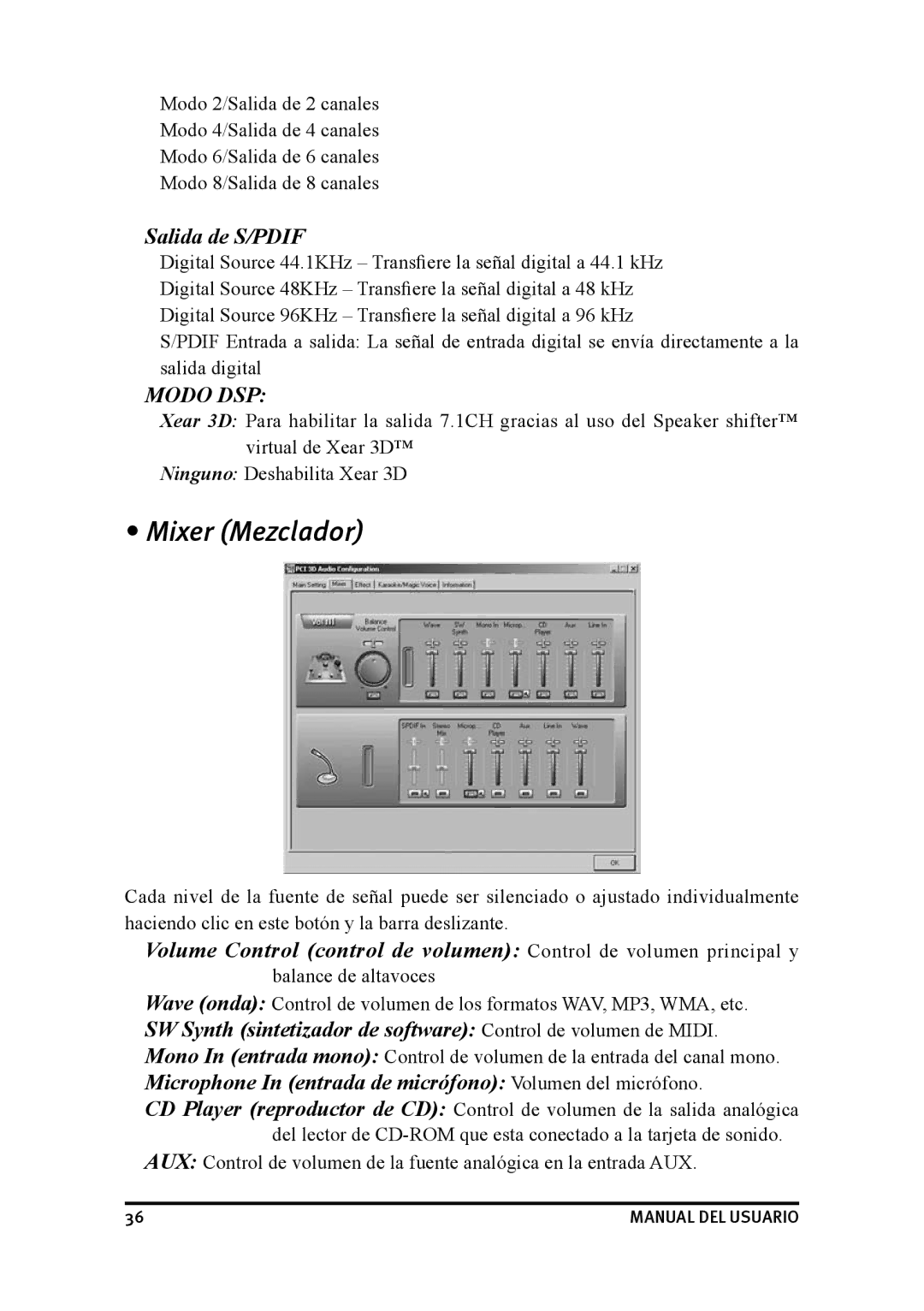 Dynex DX-SC71 user manual Mixer Mezclador, Salida de S/PDIF, Microphone In entrada de micrófono Volumen del micrófono 