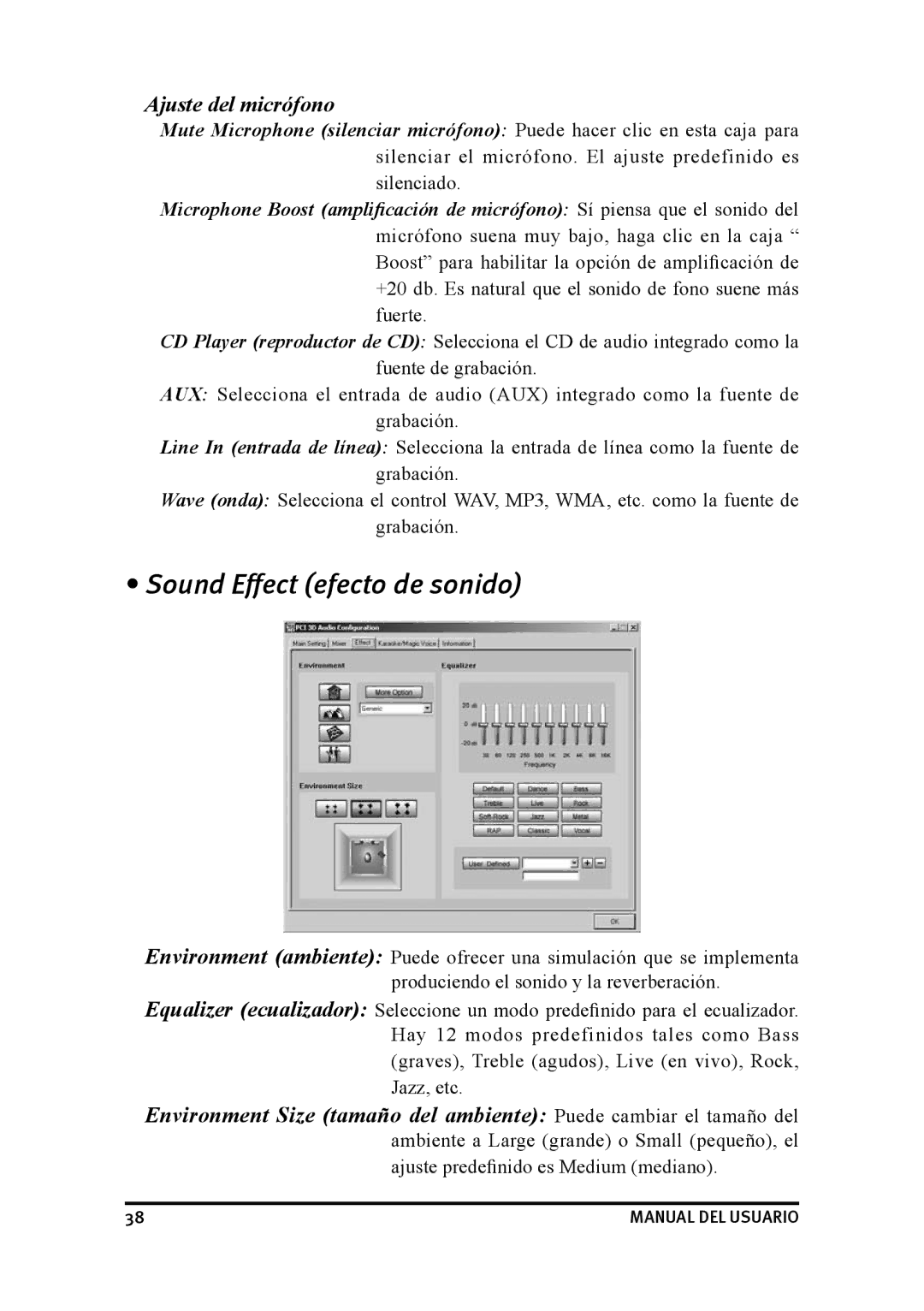 Dynex DX-SC71 user manual Sound Effect efecto de sonido, Ajuste del micrófono 