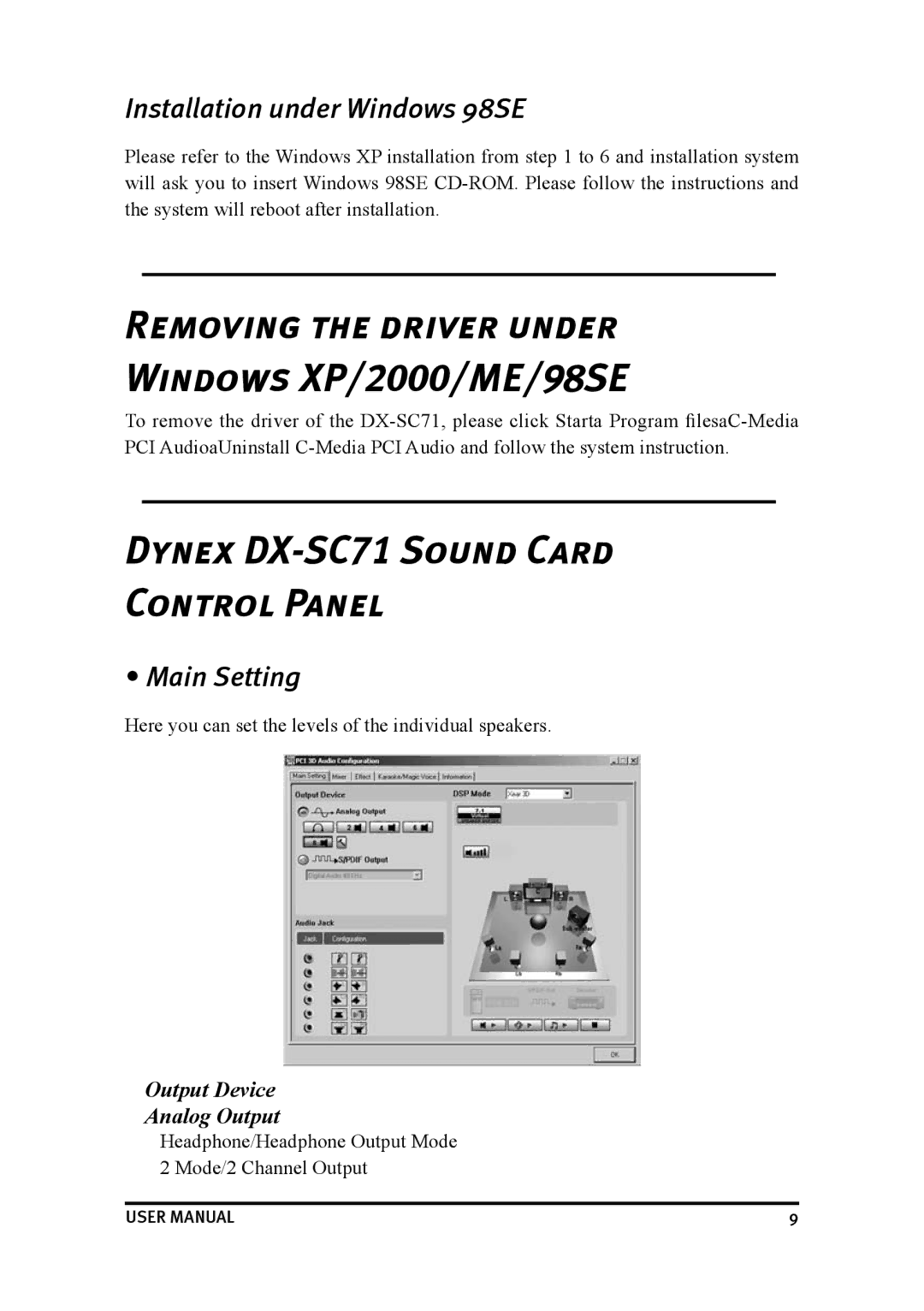 Dynex Windows XP/2000/ME/98SE, Dynex DX-SC71 Sound Card Control Panel, Installation under Windows 98SE, Main Setting 