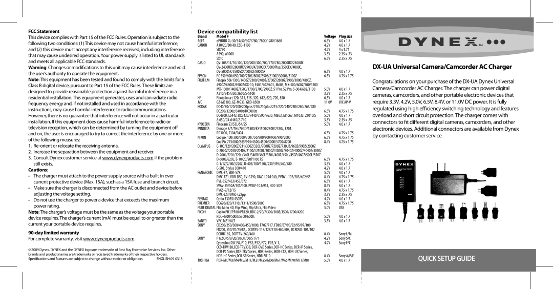 Dynex DX-UA setup guide Device compatibility list 