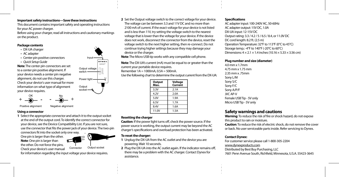 Dynex DX-UA Important safety instructions-Save these instructions, Speciﬁcations, Package contents, Using a connector 