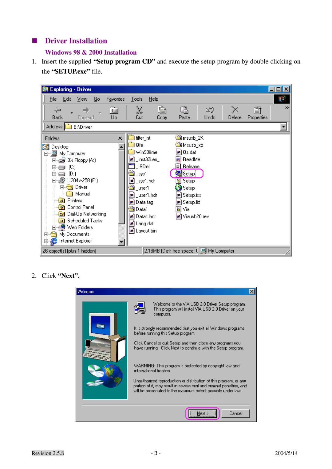 Dynex DX-UC104 manual Driver Installation, Click Next 