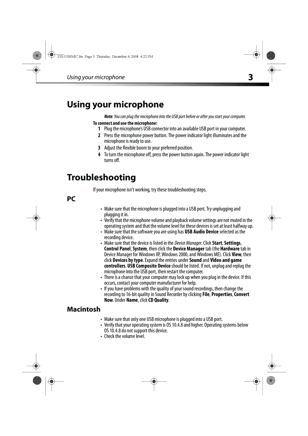 Dynex DX-USBMIC manual Using your microphone, Troubleshooting, Macintosh 