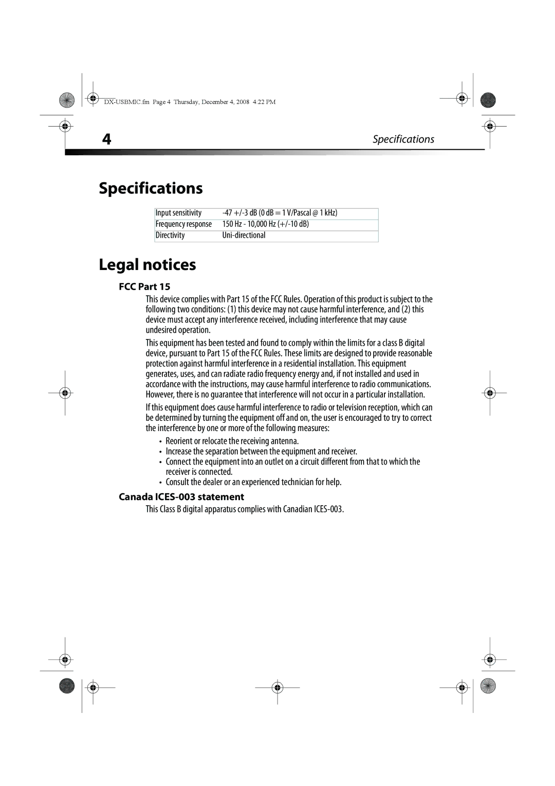 Dynex DX-USBMIC manual Specifications, Legal notices, FCC Part, Canada ICES-003 statement 