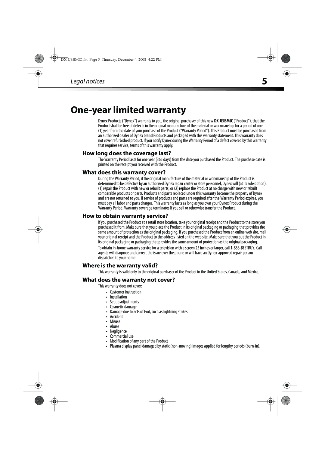 Dynex DX-USBMIC manual One-year limited warranty 