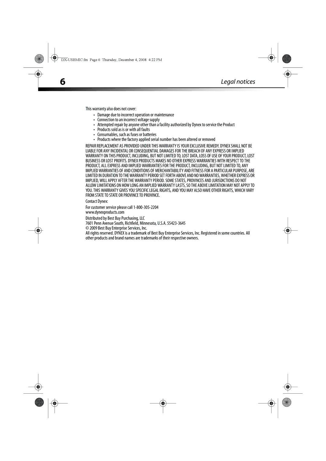 Dynex DX-USBMIC manual Contact Dynex Distributed by Best Buy Purchasing, LLC 