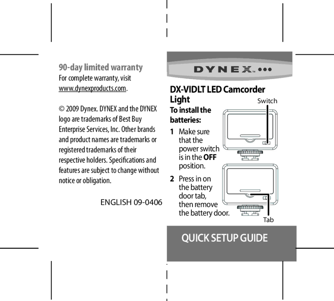 Dynex DX-VIDBKT, 09-0406 setup guide Quick Setup Guide, Day limited warranty, DX-VIDLT LED Camcorder LightSwitch 