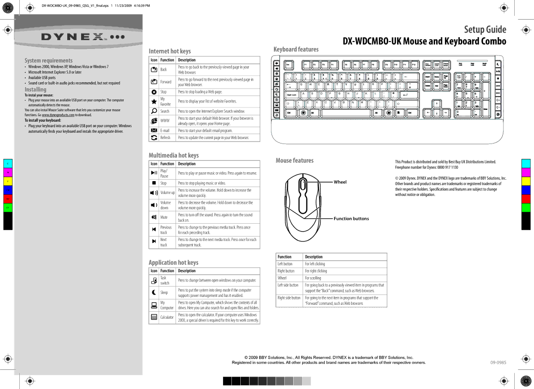 Dynex DX-WDCMBO-UK setup guide Internet hot keys, Multimedia hot keys, Keyboard features, Application hot keys 