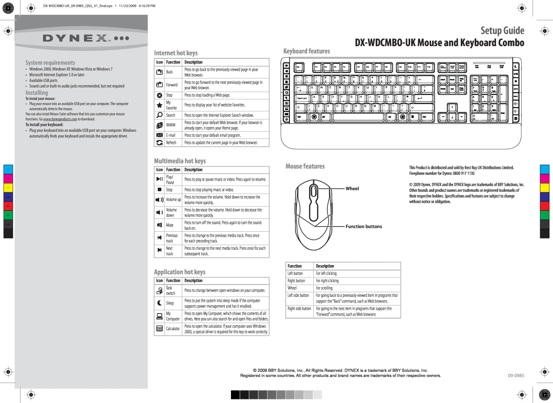 Dynex setup guide Setup Guide, DX-WDCMBO-UK Mouse and Keyboard Combo, Internet hot keys, Multimedia hot keys, Function 