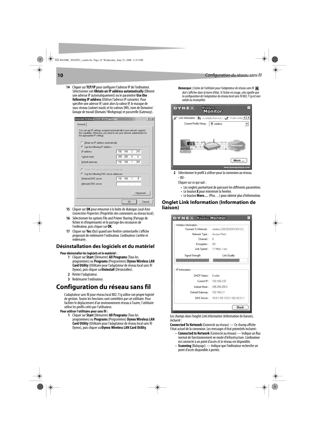 Dynex DX-WGNBC, DX-WGDTC manual Configuration du réseau sans fil, Onglet Link Information Information de liaison 