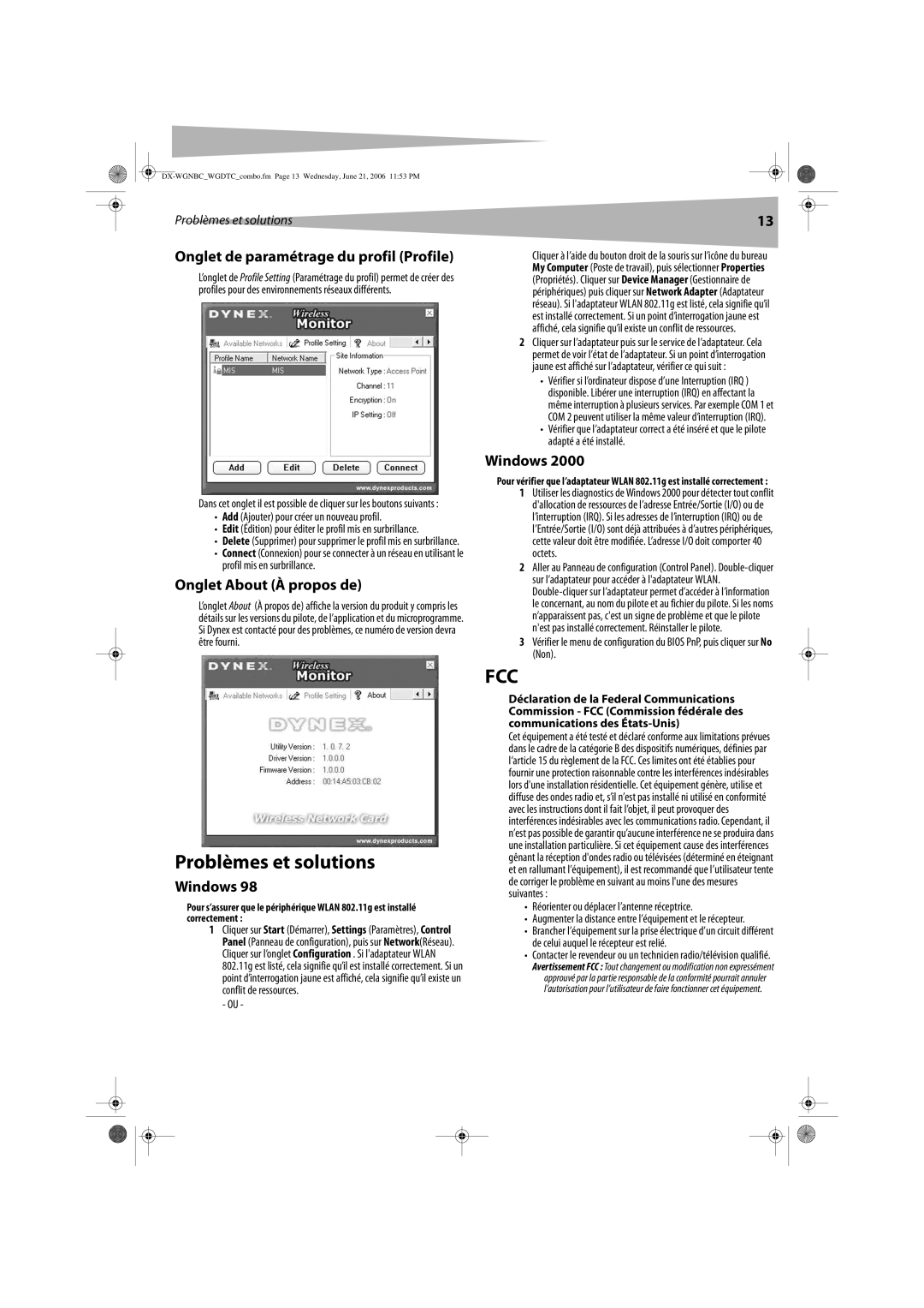 Dynex DX-WGDTC, DX-WGNBC manual Problèmes et solutions, Onglet de paramétrage du profil Profile, Onglet About À propos de 