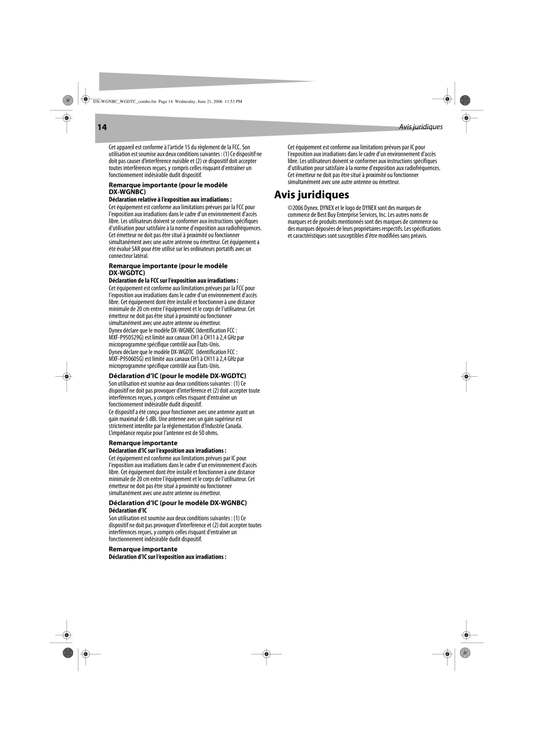 Dynex manual Avis juridiques, Remarque importante pour le modèle DX-WGNBC, Remarque importante pour le modèle DX-WGDTC 