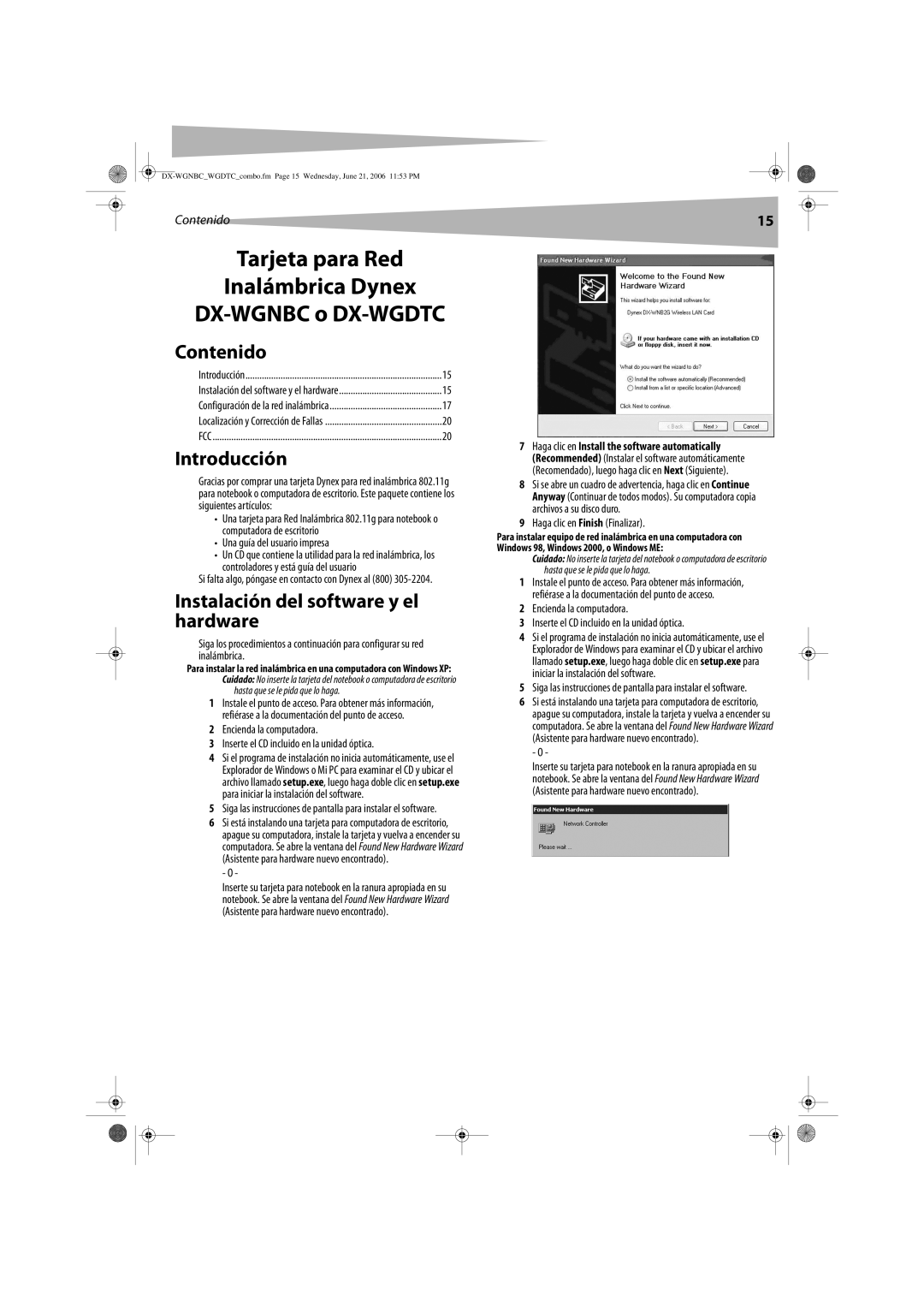 Dynex DX-WGDTC, DX-WGNBC manual Contenido, Introducción, Instalación del software y el hardware 