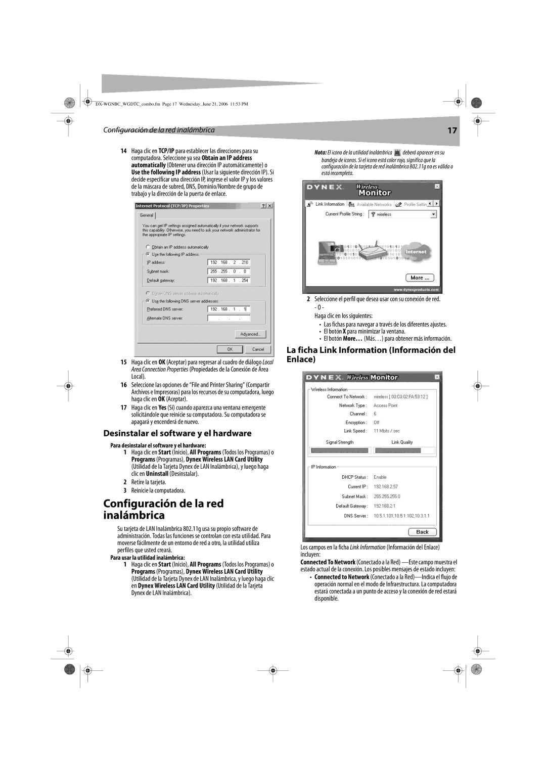 Dynex DX-WGDTC, DX-WGNBC manual Configuración de la red inalámbrica, Desinstalar el software y el hardware 