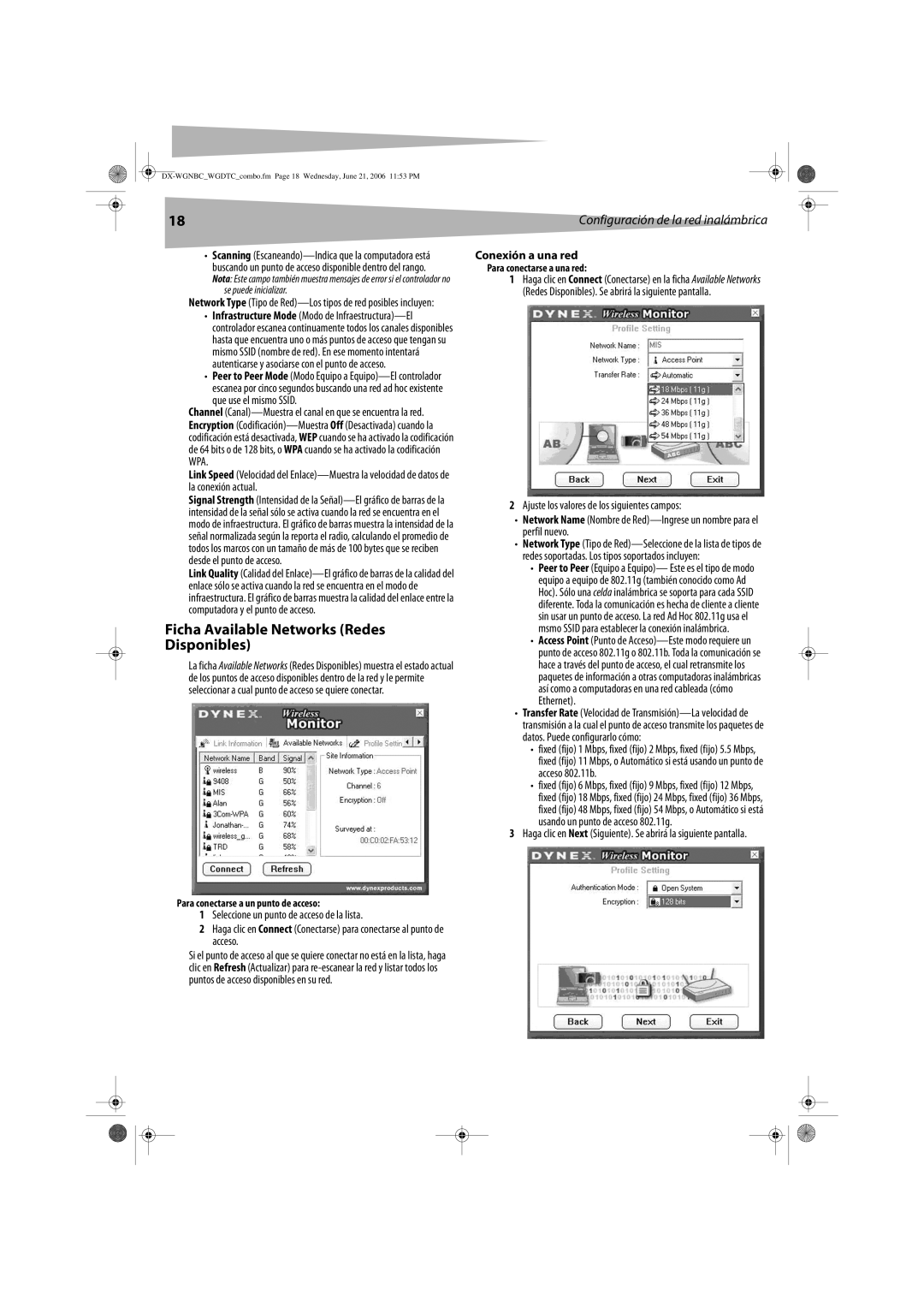 Dynex DX-WGNBC, DX-WGDTC manual Ficha Available Networks Redes Disponibles, Que use el mismo Ssid, Conexión a una red 