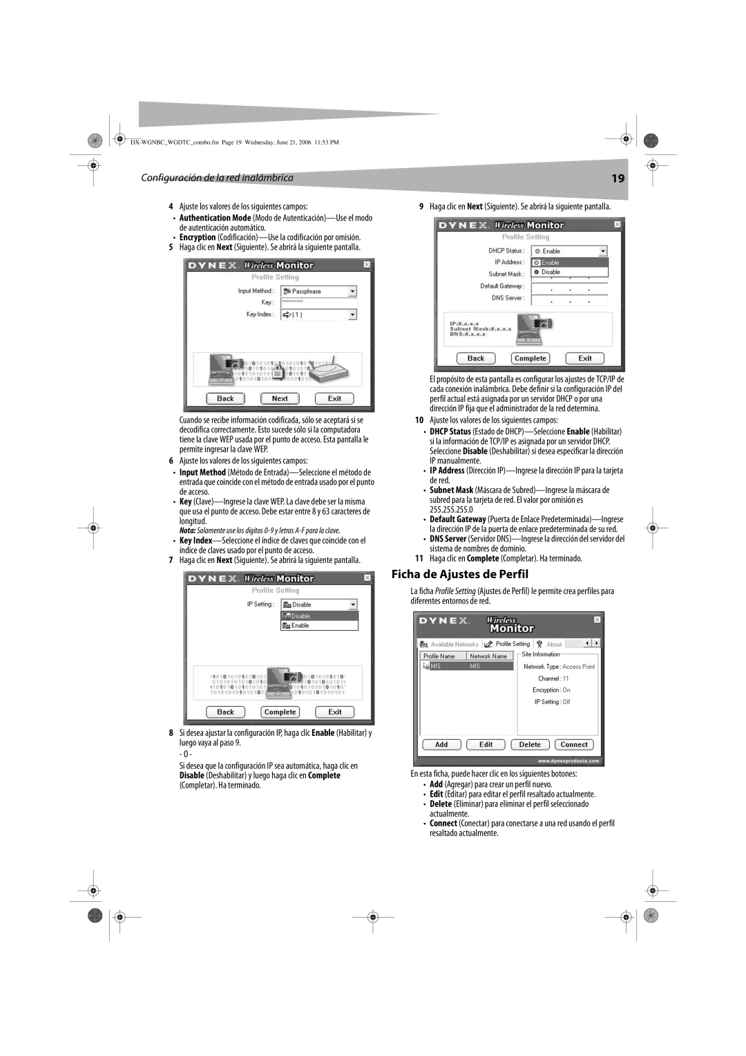 Dynex DX-WGDTC, DX-WGNBC manual Ficha de Ajustes de Perfil, Ajuste los valores de los siguientes campos 