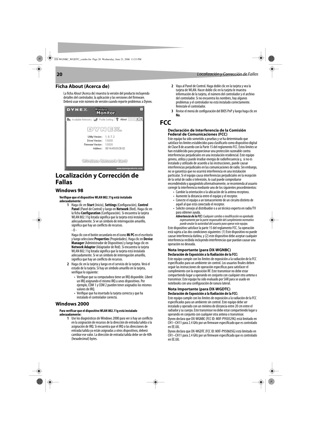 Dynex DX-WGNBC, DX-WGDTC manual Localización y Corrección de Fallas, Ficha About Acerca de 