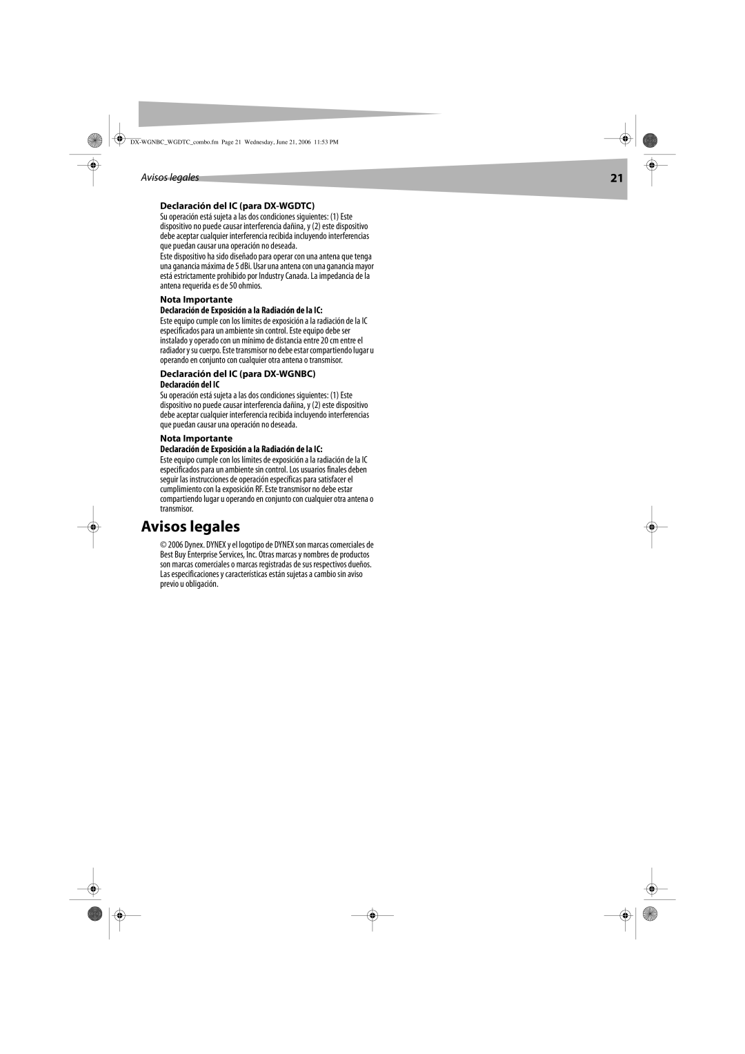 Dynex manual Avisos legales, Declaración del IC para DX-WGDTC, Declaración del IC para DX-WGNBC 