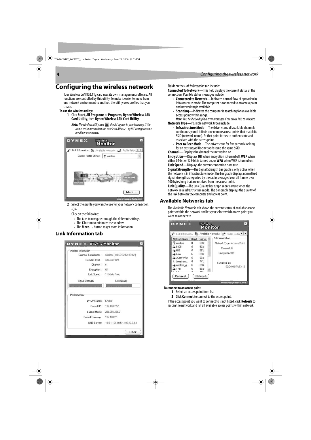 Dynex DX-WGNBC, DX-WGDTC manual Link Information tab, Available Networks tab, Configuring the wireless network 